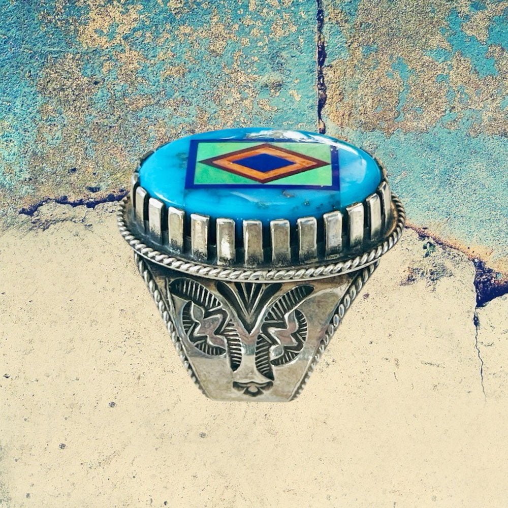 Sterling Silver Men's Large Turquoise Oval Inlay Ring