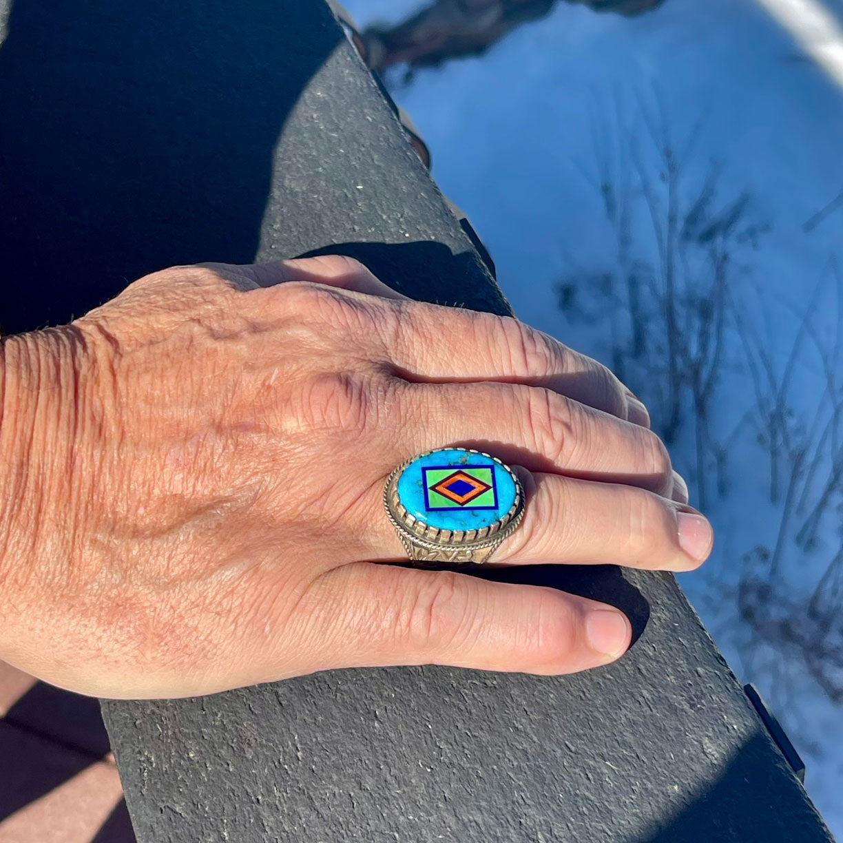 Sterling Silver Men's Large Turquoise Oval Inlay Ring