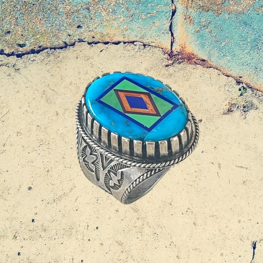 Sterling Silver Men's Large Turquoise Oval Inlay Ring