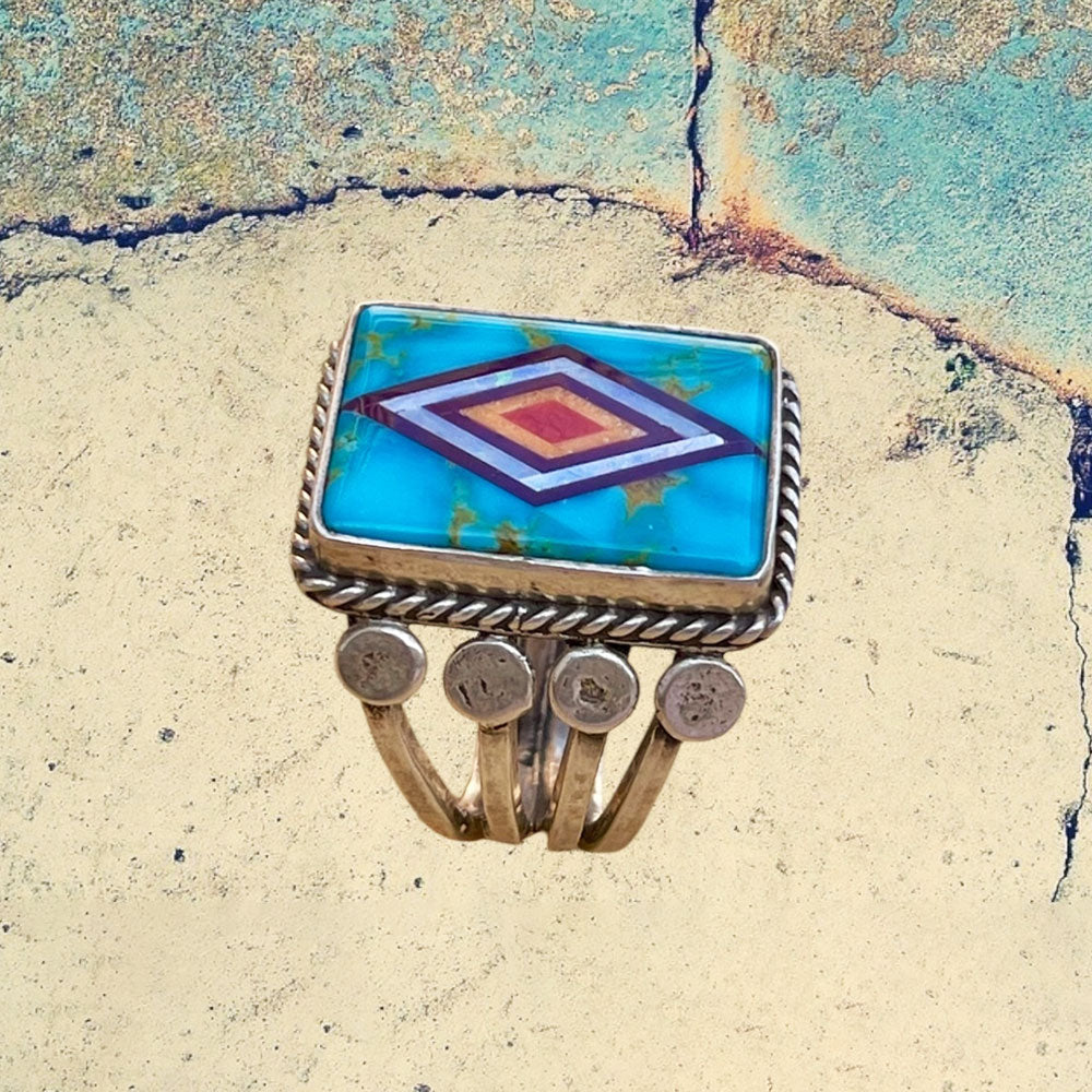 Sterling Silver Men's Large Rectangle Turquoise Inlay Ring