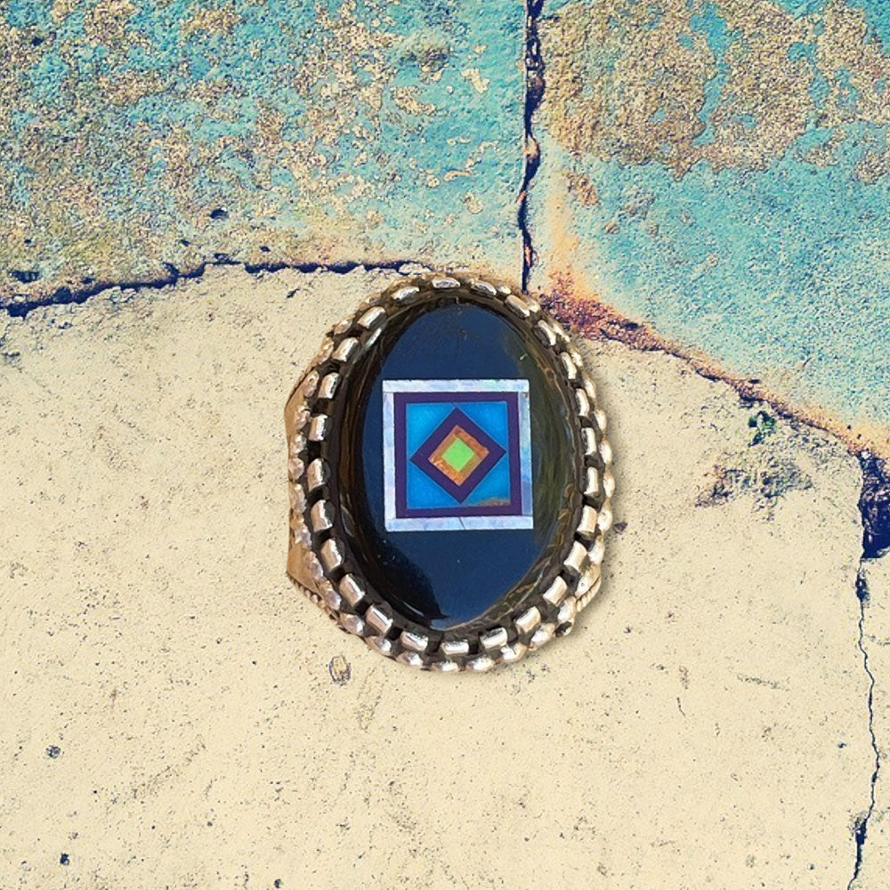 Sterling Silver Men's Large Jet Black Oval Inlay Ring
