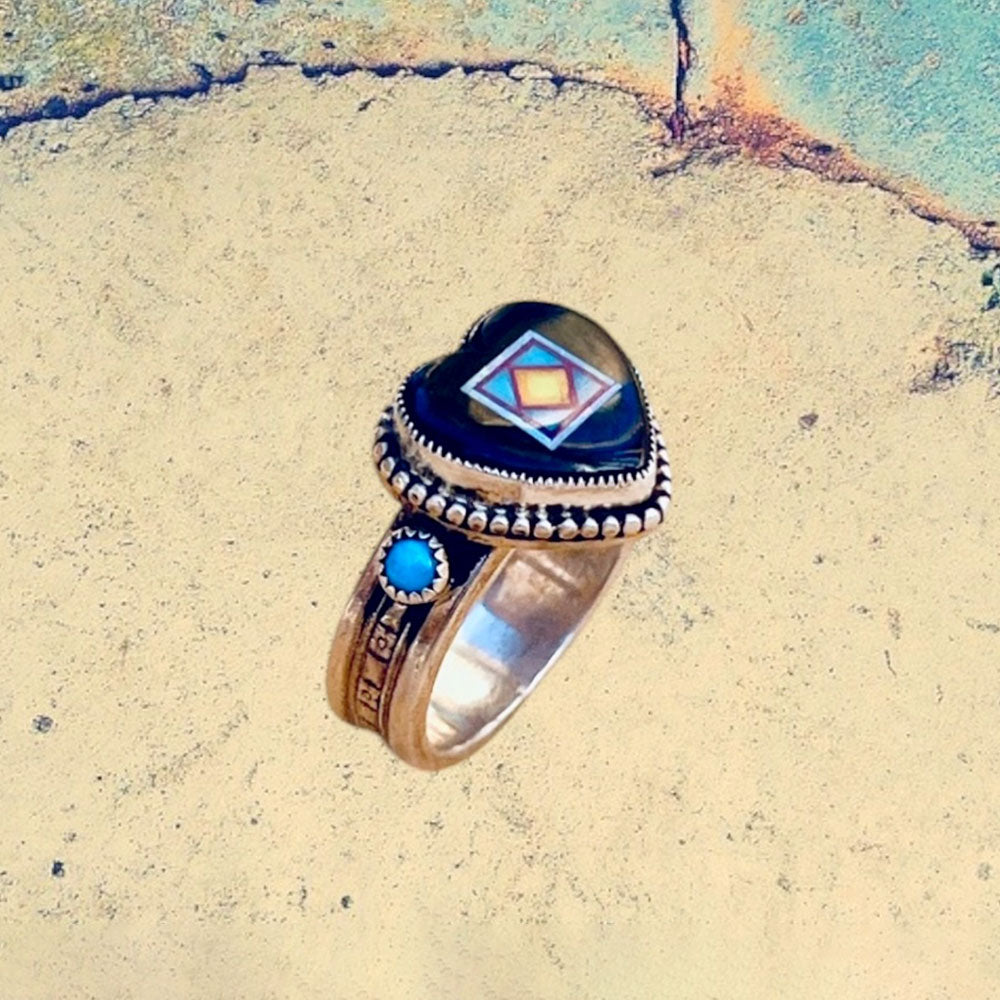 Sterling Silver Jet Heart Inlay with Turquoise Ring