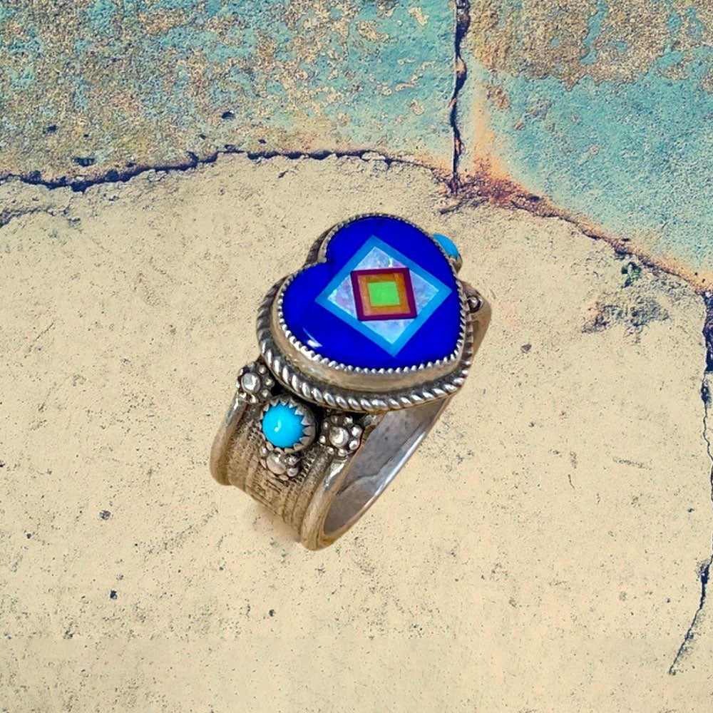 Sterling Silver Lapis Lazuli Heart Inlay with Turquoise Ring