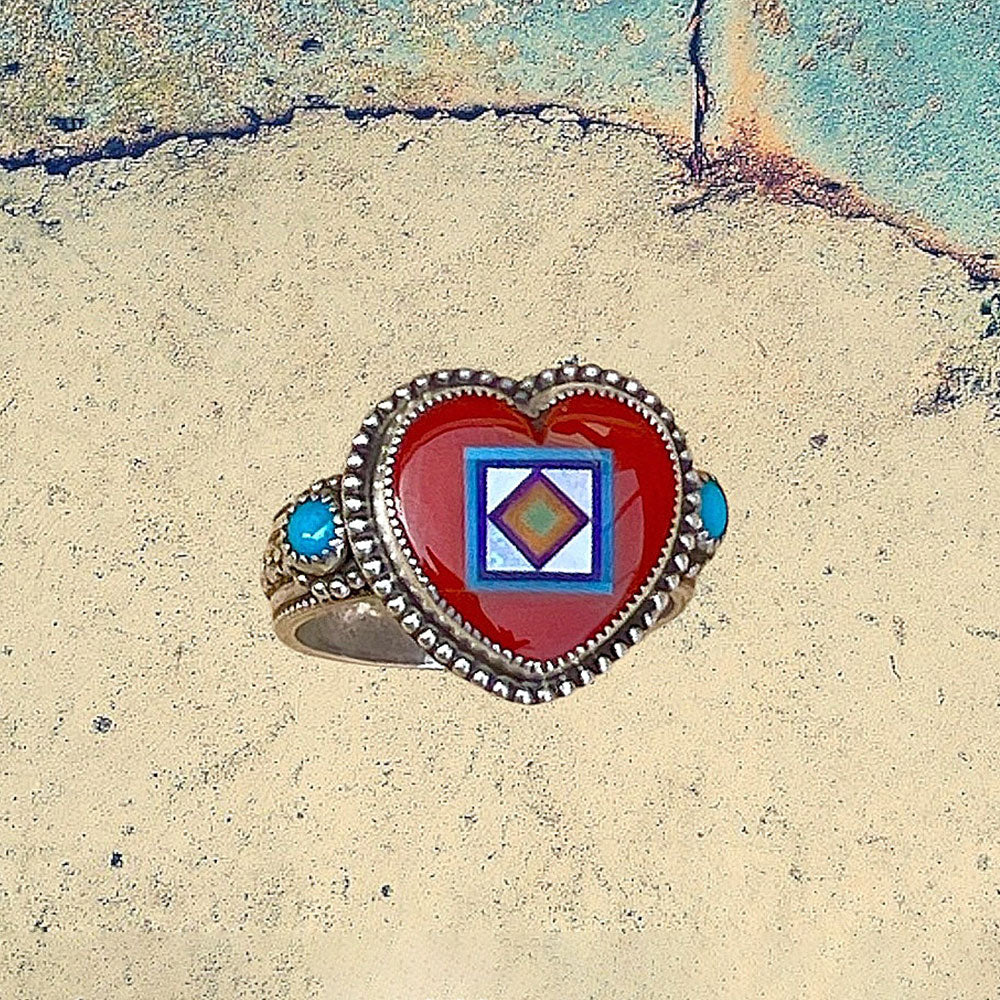 Sterling Silver Red Coral Heart Inlay with Turquoise Ring