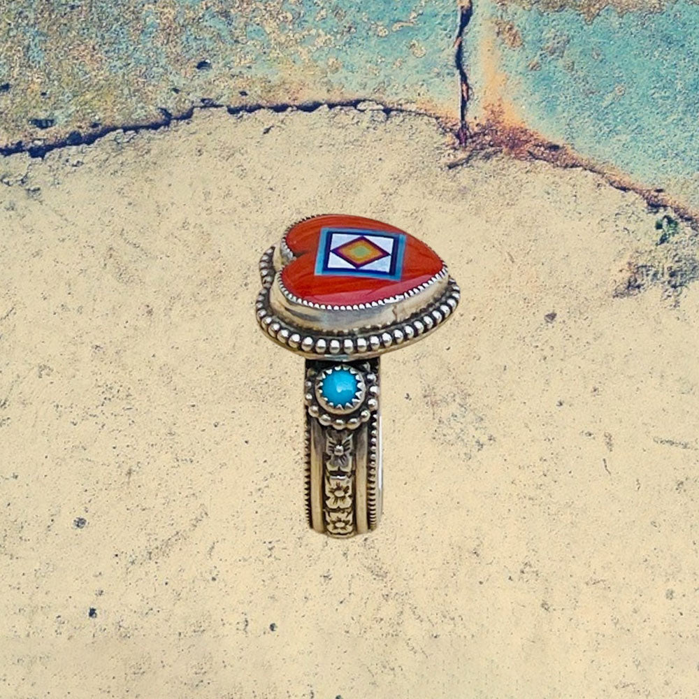 Sterling Silver Red Coral Heart Inlay with Turquoise Ring