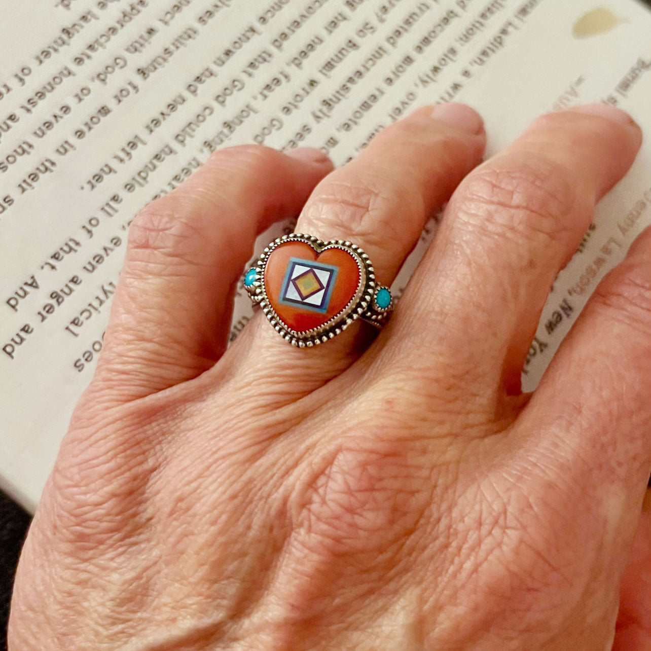 Sterling Silver Red Coral Heart Inlay with Turquoise Ring