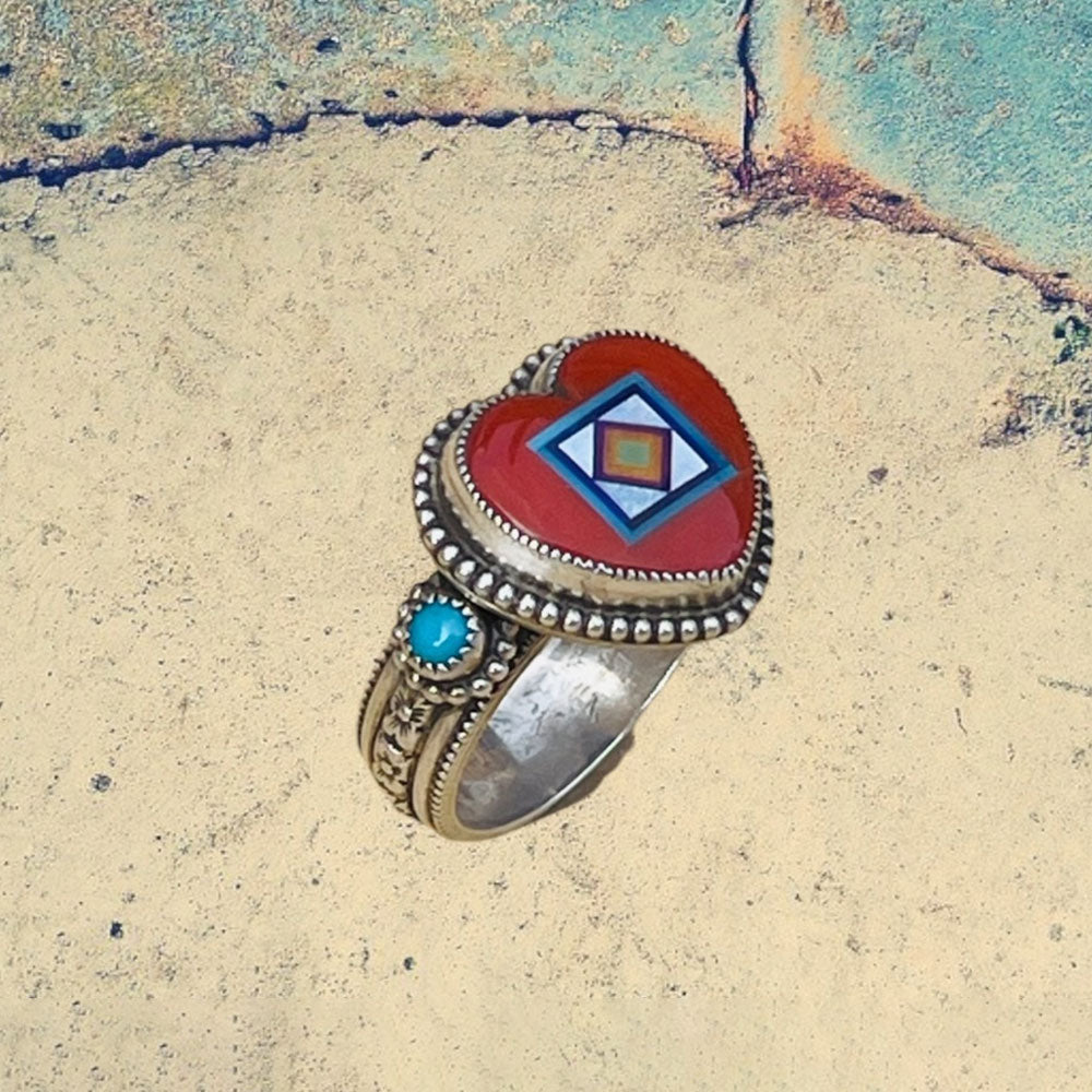 Sterling Silver Red Coral Heart Inlay with Turquoise Ring