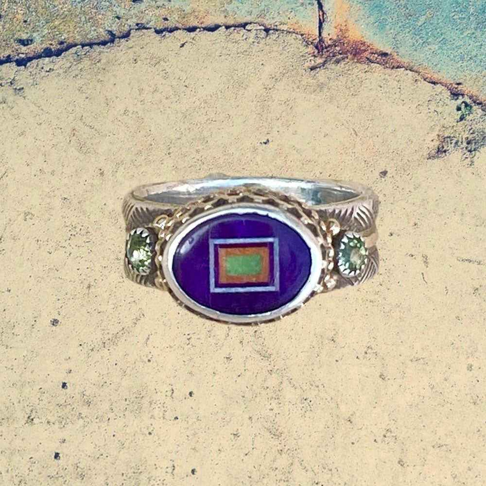 14K Yellow Gold and Sterling Silver Sugilite Oval Inlay with Peridot Ring
