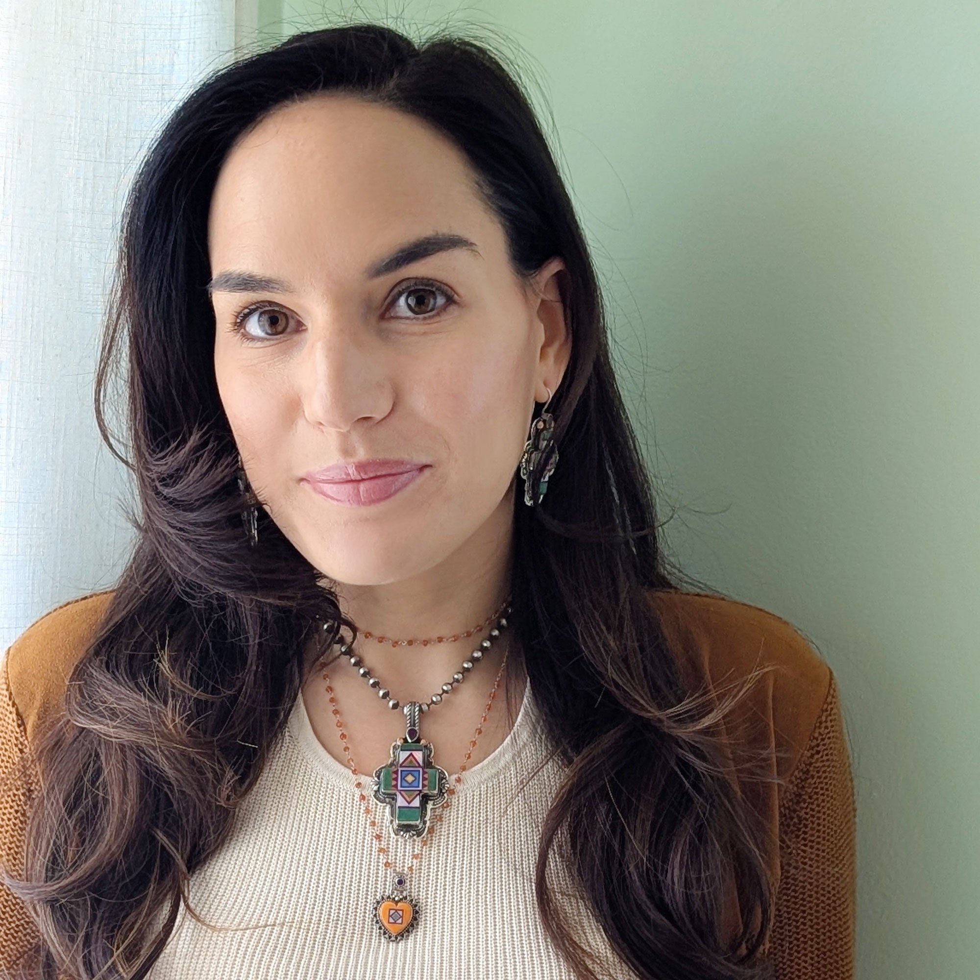 Sterling Silver Green Turquoise Fancy Cross Inlay with Bead Chain Pendant Necklace